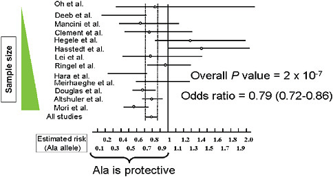 FIGURE 5-11 Comparison of studies for PPARγ Pro12Ala and Type 2 diabetes susceptibility.