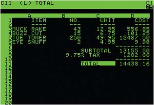 FIGURE 3-1 Screen shot of VisiCalc. SOURCE: Wikipedia. Used with permission from apple2history.org and Steven Weyhrich.