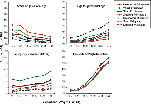 FIGURE G-33 GWG-specific risk of pregnancy outcomes in subtypes of overweight women.
