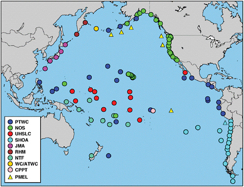 FIGURE 4.4 Map of the coastal sea level stations in the Pacific basin that provided sea level data at sufficient temporal resolution and quality for use in the PTWC’s tsunami detection activities in 2008. Color codes indicate the authorities responsible for gauge maintenance. U.S. authorities include PTWC, WC/ATWC, NOS, and UHSLC. Non-U.S. authorities include the following: Centre Polynésien de Prévention des Tsunamis (CPPT; France); Servicio Hidrográfico y Oceanográfico de la Armada de Chile (SHOA); Japan Meteorological Agency (JMA); ROSHYDROMET (RHM; Russia); and National Tidal Facility (NTF; Australia). The positions of the original six DART buoys (yellow triangles) existing in 2005 before the enactment of P.L. 109-424 are also displayed. SOURCE: Weinstein, 2008; Pacific Tsunami Warning Center, NOAA.
