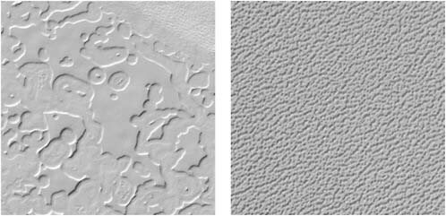FIGURE 6.20 Terrain differences of the polar caps of Mars: south “Swiss Cheese” (left) and North Pits (right). SOURCE: Courtesy of NASA/JPL/MSSS.