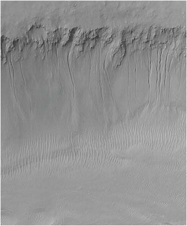 FIGURE 5.5 Evidence for recent liquid water on Mars—the south-facing walls of Nirgal Vallis. SOURCE: NASA/JPL/Malin Space Science Systems. MGS MOC Release No. MOC2-240.