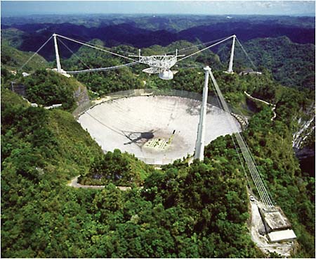 FIGURE 5.10 The 1,000-foot (305-meter) dish at Arecibo, Puerto Rico, is the most sensitive radio telescope in the world. It was used by Projects Phoenix and SERENDIP, and it’s currently feeding huge volumes of data to SETI@home. SOURCE: NAIC Arecibo Observatory, a facility of the National Science Foundation.