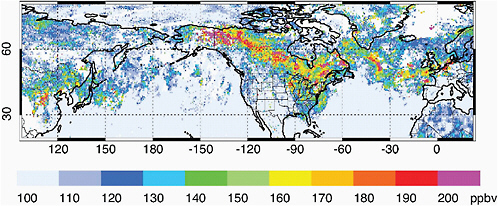 FIGURE 2.6 Average CO abundance (ppb) in the free troposphere, as observed by the satellite Terra/MOPITT for the 8-day period July 15-23, 2004. Plumes of anthropogenic CO pollution can be seen leaving Asia and crossing the Pacific Ocean, and those of Alaskan and Canadian forest fires can be seen crossing North America and the Atlantic Ocean towards Europe.