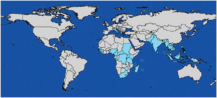 FIGURE WO-7 Approximate global distribution of chikungunya virus, 2008.