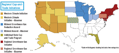 FIGURE 2.2 Regional cap-and-trade initiatives in the United States. SOURCE: Pew Center (2009).