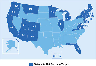 FIGURE 7.1 States that have adopted emissions caps and targets. SOURCE: Pew Center for Global Climate Change.