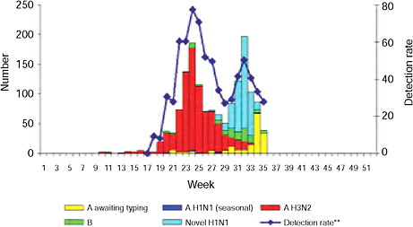 FIGURE WO-19 Influenza viral watch sentinel surveillance,* update to end of week 35 (week ending August 30, 2009). Positive samples by influenza types and subtype, South Africa.