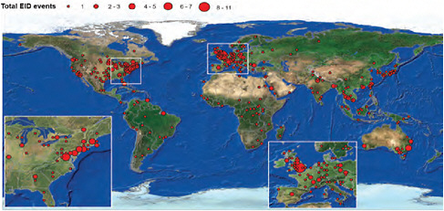FIGURE WO-26 Spatial pattern in emerging infectious disease events. Main hotspots are in high latitude, developed countries.