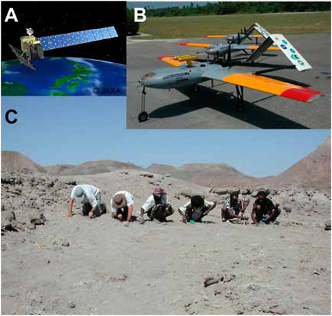 FIGURE 4.1 A vision for hominin fossil exploration in the future—initial reconnaissance and identification of potentially promising areas using (A) remote-sensing satellites and (B) Unmanned Aerial Vehicles (UAVs) with multispectral sensors, followed by (C) traditional detailed ground examination. SOURCES: (A) ALOS (Advanced Land Observation Satellite) image from JAXA (Japan Aerospace Exploration Agency); (B) UAVs shown are those that were used for the Cheju ABC Plume-Asian Monsoon Experiment (CAPMEX), courtesy of V. Ramanathan, http://www-ramanathan.ucsd.edu/capmex.html; (C) photograph from Afar Ledi Geraru, Ethiopia, courtesy of Kaye E. Reed.