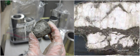 Images showing different types of methane hydrate occurrences: (left) disseminated within pore-space of sand deposits (from Mount Elbert, Alaska North Slope), (right) layered methane hydrate occurrence from drillcore on Southern Hydrate Ridge (ODP Leg 204); sample about 1 centimeter in thickness. SOURCES: (a) Mount Elbert Science Team, photo by E. Rosenbaum (http://energy.usgs.gov/images/gashydrates/MtElbert_coresample2LG.jpg); (b) Tréhu et al. (2003) ODP Leg 204 volume (http://www-odp.tamu.edu/publications/204_IR/chap_02/c2_f11.htm).