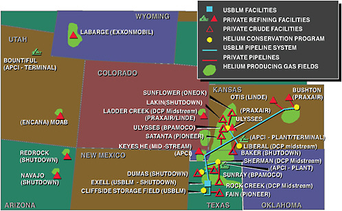 FIGURE 1.3 Map of the helium supply sources and major facilities in the United States. SOURCE: Air Products and Chemicals, Inc.
