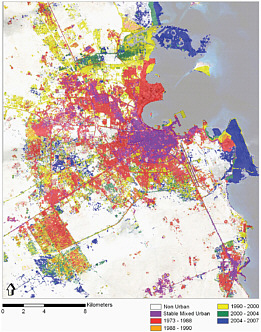 FIGURE 5 This map of urban growth in Doha, Qatar, from 1973 to 2007 illustrates the trend of increasing urbanization occurring in mid-size cities around the world. SOURCE: Karen Seto, used with permission.