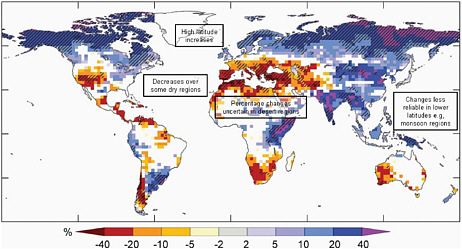 FIGURE 3.1 Global map of projected changes in annual runoff (water availability, in percent) for the period 2090-2099, relative to 1980-1999. Values represent the median of 12 climate models using the Special Report on Emissions A1B scenario. White areas are where less than 66 percent of the 12 models agree on the sign of change, and hatched areas are where more than 90 percent of the models agree on the sign of change. SOURCE: IPCC (2007).