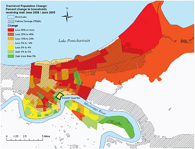 FIGURE 2 The percentage change in the number of households receiving mail from June 2005 to June 2008 in New Orleans Census tracts gives an estimate of changes in population, showing a complex spatial pattern of population gain and loss. SOURCE: American Communities Project, Brown University; mail receipt data from U.S. Postal Service, damage data from the Federal Emergency Management Agency.