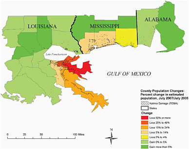 FIGURE 3 Mapping population changes for counties along a swath of the Gulf Coast illustrates broader spatial patterns of movement. This pattern influenced and was influenced by processes operating at multiple scales, such as the local, state, and regional (i.e., Mississippi Basin). SOURCE: American Communities Project, Brown University; population data from U.S. Census Bureau, damage data from the Federal Emergency Management Agency.