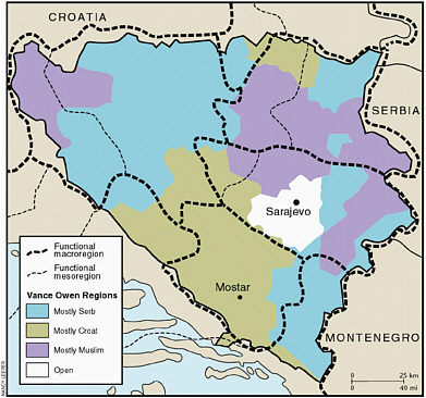 FIGURE 9.1 Map based on Jordan’s (1993) study of the relationship between functional regions in Bosnia and the Vance-Owen partition plan. SOURCE: As modified by Alexander Murphy for Geographical Approaches to Democratization: A Report to the National Science Foundation (printed by the University of Oregon Press for the Geography and Regional Science Program, National Science Foundation).