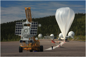 FIGURE 3.3 Launch in June 2009 of Sunrise, a solar telescope with a primary mirror of 1-m diameter feeding an ultraviolet imager and a vector magnetograph, using a correlation tracker feeding an agile mirror to provide 50 km spatial resolution, three times better than the state-of-the-art Hinode space mission, and the best ever for solar physics. It also observes the Sun at ultraviolet wavelengths between 200 and 400 nm, where the brightness of small-scale magnetic structures dominates the variations of total solar irradiance. The ~6-day flight above the Arctic Circle, from northern Sweden to northern Canada, provided 24-hours-per-day observations, resulting in over a terabyte of imaging and magnetograph data, reaching a spatial resolution of 50 km. This unprecedented dataset provides the basis for a new level of understanding of the Sun’s surface magnetism. SOURCE: Courtesy of Max Planck Institute for Solar System Research (S. Solanki).
