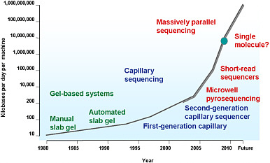 FIGURE 3 DNA sequencing output. Current output is 1-2 billion bases per machine per day. The human genome contains 3 billion bases. Source: Stratton et al. 2009. Reprinted with permission; copyright 2009, Nature. J. Groopman, Johns Hopkins Bloomberg School of Public Health, presented at the symposium.