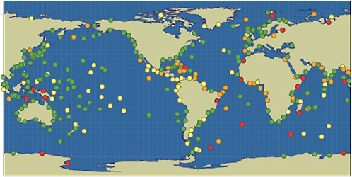 FIGURE 4.8 The GLOSS network of tide gauges. Green dots represent “operational” stations for which the latest data were collected in 2003 or later. Yellow dots represent “probably operational” stations for which the latest data were collected within the period 1993-2002. Orange dots represent “historical” stations for which the latest data were collected earlier than 1993. Red dots represent stations for which no PSMSL data exist. SOURCE: Courtesy of the Permanent Service for Mean Sea Level and the Global Sea Level Observing System (GLOSS).