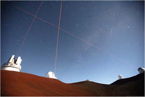FIGURE 7.6 Three laser adaptive optics systems operating on Mauna Kea. SOURCE: © Subaru Telescope, National Astronomical Observatory of Japan. All rights reserved. Reprinted with permission.