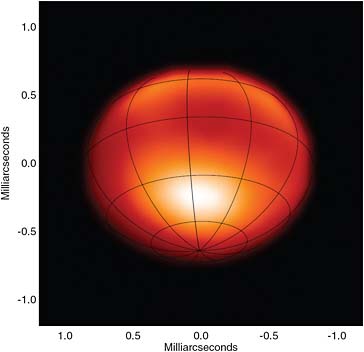 FIGURE 7.7 Imaging at milliarcsecond resolution is now becoming routine with today’s infrared interferometers. This recent image of Alderamin (α Cep) from the CHARA Array reveals the centrifugally distorted photosphere of this rapidly rotating star, strong “gravity darkening” along the equator, and hot emission at the poles. SOURCE: M. Zhao, J.D. Monnier, E. Pedretti, N. Thureau, A. Mérand, T. Ten Brummelaar, H. McAlister, S.T. Ridgway, N. Turner, J. Sturmann, L. Sturmann, P.J. Goldfinger, and C. Farrington, Imaging and modeling rapidly rotating stars: α Cephei and α Ophiuchi, Astrophysical Journal 701:209, 2009, reproduced by permission of the AAS.