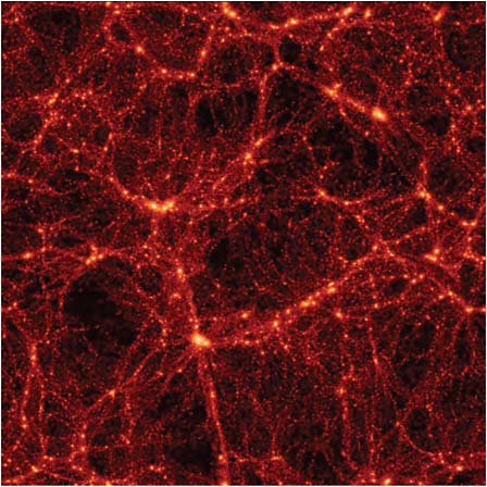 FIGURE 7.10 Simulations of the ΛCDM cosmic web. SOURCE: A. Jenkins, C.S. Frenk, F.R. Pearce, P.A. Thomas, J.M. Colberg, S.D.M. White, H.M.P. Couchman, J.A. Peacock, G. Efstathiou, and A.H. Nelson, Evolution of structure in cold dark matter universes, Astrophysical Journal 499:20-40, 1998. Courtesy of Joerg Colberg and the Virgo Consortium.