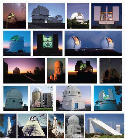 FIGURE 7.18 The network of federal and nonfederal observatories, allied for excellence in scientific research, education, and public outreach, that enable experimentation and exploration throughout the observable universe. Telescopes pictured from top: First row: Gemini North with its laser-guide-star (LGS) system (courtesy of Gemini Observatory); Magellan Clay and Baade Telescopes (used with permission of the Observatories of the Carnegie Institution for Science); Lick Observatory Shane Telescope (courtesy of Lawrence Livermore National Laboratory); Large Binocular Telescope Observatory (courtesy of Large Binocular Telescope Corporation). Second row: Hobby-Eberly Telescope (courtesy of Thomas A. Sebring, West Texas Time Machine: Creating the Hobby-Eberly Telescope, Little Hands of Concrete Productions, 1998); Multiple Mirror Telescope (MMT) Observatory (courtesy of Howard Lester, MMTO); Keck Telescopes (courtesy of W.M. Keck Observatory). Third row: Small and Moderate Aperture Research Telescope System (SMARTS)/Cerro-Tololo International Observatory (courtesy of NOAO/AURA/NSF); Kitt Peak 4-meter Mayall telescope (courtesy of NOAO/AURA/NSF); Wisconsin-Indiana-Yale-NOAO (WIYN) Telescope (courtesy of Mark Hanna/NOAO/AURA/NSF); Palomar Observatory’s 200-inch Hale Telescope (courtesy of Scott Kardel/Caltech/Palomar Observatory). Fourth row: The Southern Astrophysical Research (SOAR) Telescope (© Southern Astrophysical Research Consortium, Inc.; all rights reserved; reprinted with permission); Ritter Observatory (courtesy of Erica N. Hesselbach); WIYN 0.9-meter Observatory (courtesy of NOAO/AURA/NSF); Astrophysical Research Consortium 3.5-meter Telescope (courtesy of Dan Long, Apache Point Observatory). Fifth row: Dunn Solar Telescope (courtesy of NSO/AURA Inc. and NSF); Wilcox Solar Observatory (courtesy of Wilcox Solar Observatory at Stanford University); Mt. Wilson Solar Observatory (© 2003 The Regents of the University of California; all rights reserved; reprinted with permission); Big Bear Solar Observatory (courtesy of Big Bear Solar Observatory/New Jersey Institute of Technology); McMath-Pierce/SOLIS solar telescope (courtesy of NOAO/AURA/NSF).