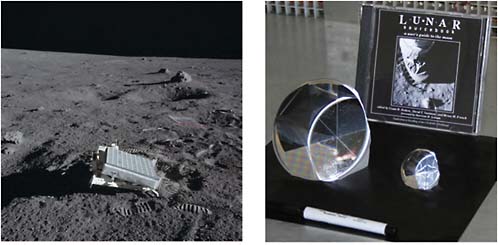 FIGURE 8.12 Left: Retroreflector placed on the lunar surface by Apollo astronauts. Right: A 10-centimeter solid corner cube developed for the next generation of lunar-laser-ranging experiments, shown next to a 3.8-centimeter engineering model. SOURCE: Left: NASA. Right: Douglas Currie, University of Maryland, College Park.