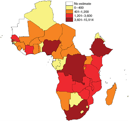 FIGURE 2-1 More than 75,000 new cases of MDR TB are estimated to have occurred in Africa in 2010.