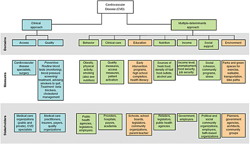 FIGURE 2-1b Contrasting the multiple-determinants and clinical approaches to addressing cardiovascular disease.