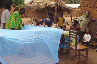 Villagers in sub-Saharan Africa learn how to set up a mosquito bednet for protection against malaria.