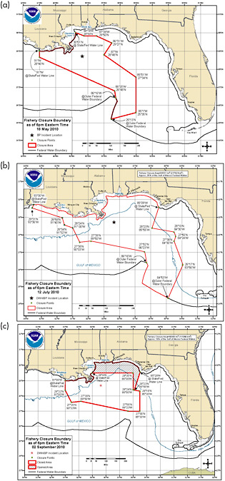 FIGURE 1.3 Red boundaries indicate areas closed to fishing by the National Oceanic and Atmospheric Administration on (a) May 18, (b) July 12, and (c) September 2, 2010. The shaded portion in (c) indicates the area reopened to fishing. The star on each map locates the leaking well. SOURCE: NOAA.