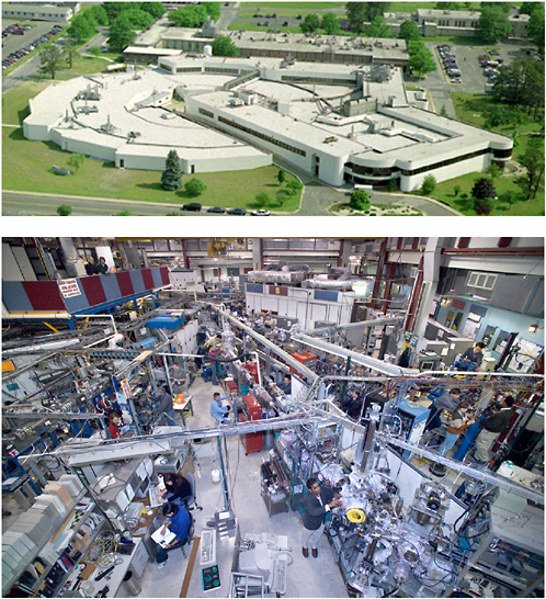 FIGURE 3.11 Aerial view of the National Synchrotron Light Source (top) and the vacuum ultraviolet, 200-10 nm, floor (bottom). SOURCE: Courtesy of NSLS, Brookhaven National Laboratory, available at http://www.nsls.bnl.gov/about/imagelibrary/.
