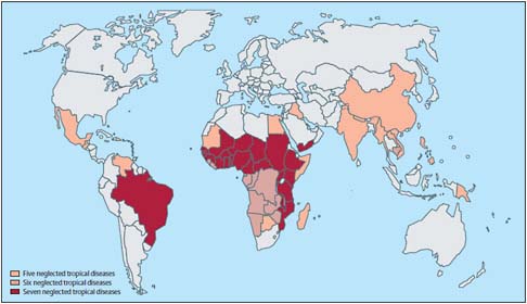 FIGURE WO-1 Geographical overlap and distribution of the seven most common neglected tropical diseases: ascariasis, hookworm infection, trichuriasis, schistosomiasis, lymphatic filariasis, onchocerciasis, and trachoma.