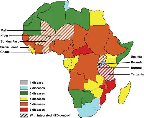 FIGURE WO-10 Distribution of NTDs in Africa (modified according to Figure 1 in Molyneux et al., 2005) and countries with integrated NTD control programs in sub-Saharan Africa. Those currently covered by the integrated NTD control programs assisted by the Schistosomiasis Control Initiative (SCI) and other organizations are indicated. Zambia was included in the SCI schistosomiasis and STH control program, but because of funding the program is currently interrupted. The NTD control program in southern Sudan is not indicated on the map.