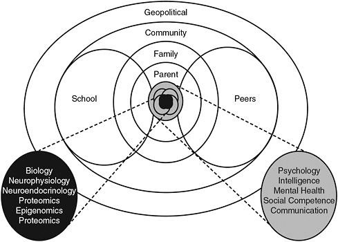 FIGURE 9-1 The biopsychosocial ecological model depicts the individual at the center of concentric circles of broader influences.