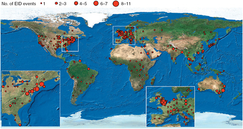 FIGURE 2-1 Global richness map of emerging infectious diseases from 1940 through 2004 showing clustering in the northeastern United States, western Europe, Japan, and southeastern Australia.