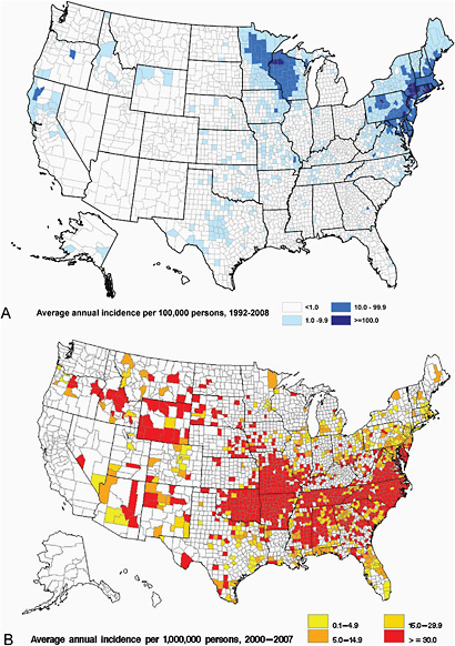 FIGURE A1-2 Average annual incidence, by county of residence, of reported cases of Lyme disease, 1992-2008 (a) and Rocky Mountain spotted fever, 2000-2007 (b), in the United States (Bacon et al., 2008; Openshaw et al., 2010).