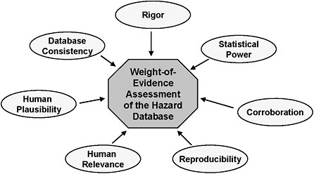 FIGURE 4-5 Conceptual view of a weight of evidence (WOE) assessment. This figure illustrates the critical considerations within a WOE assessment of toxicity data. Rigor is the degree of proper conduct and analysis of a study; greater weight is generally given to more rigorous studies. Statistical Power is the ability of a study to detect effects of a given magnitude. Corroboration means that specific effects are replicated in similar studies, similar effects are observed under varied conditions and /or similar effects are observed in multiple laboratories. Reproducibility means that an effect is observed in multiple species by various routes of exposure. Relevance to Humans means that similar effects are observed in humans or in a species taxonomically related to humans or at doses similar to those expected in humans. Plausibility to Humans is the determination of whether a similar metabolism, mechanisms of damage and repair, and molecular target of response could be expected to occur in humans, based on an evaluation of the biologic mechanism of a toxic response in animals. Database Consistency is the extent to which all of the data are similar in outcome and dose (exposure-response) and are operating under a single biologically plausible assumption (mode of action). Source: Adapted from Gray et al. 2001, EPA 2006, Pp 29-30.
